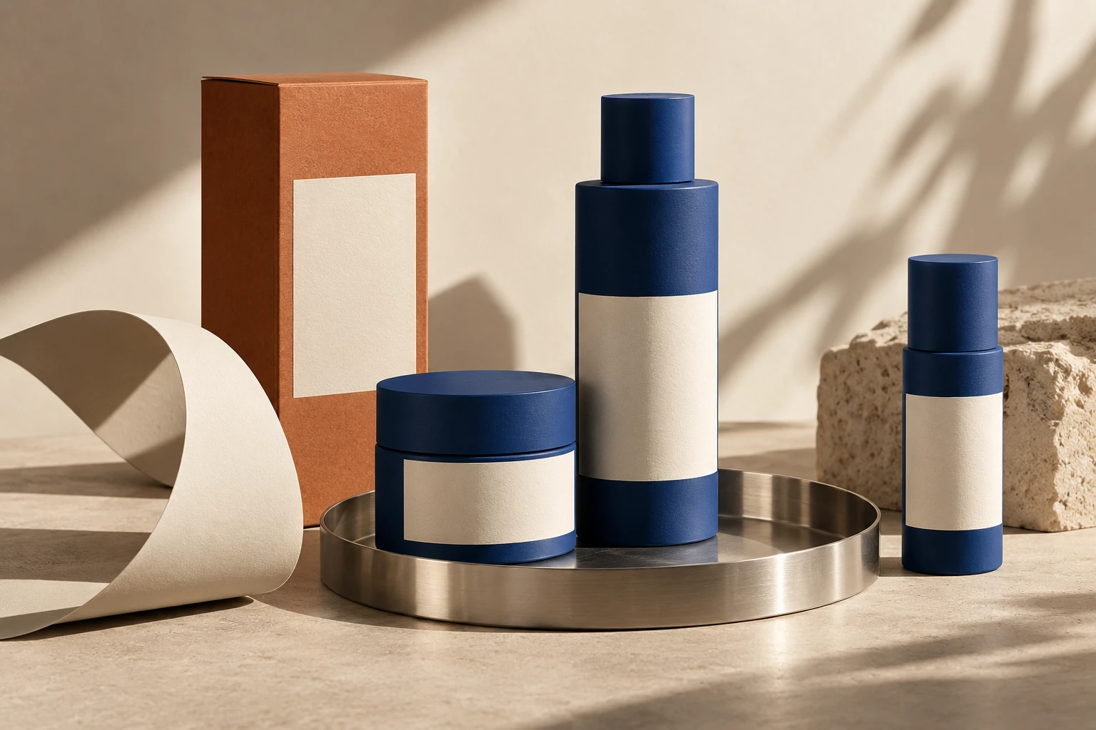 Editorial still life of unbranded packaging and sculptural objects